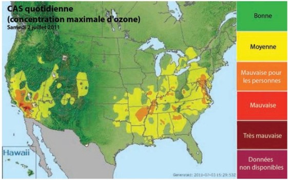 Carte AIRNow illustrant l’indice de la qualité de l’air pour l’ozone mesuré pendant 8 heures