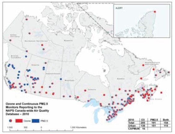 Ozone and Continuous PM2.5 Monitors Reporting to the NAPS Canada-wide Air Quality Database, 2010
