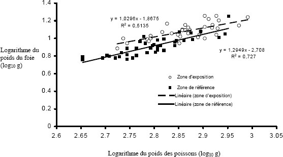Figure A2-4 : Régression linéaire du poids du foie du poisson en fonction du poids  corporel, comme exemple de résumé des effets sur le poids du foie ou la taille  des gonades (males de Catostomus sp.)