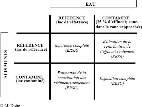 Figure 9-9 : Protocole expérimental  factoriel visant à étudier les effets d’un EMM et de la contamination  historique des sédiments séparément ou en combinaison sur le Méné à grosse tête  dans des mésocosmes modulaires. Légende : ERSR : Eau de référence et  sédiments de référence; EESR : Eau d’effluent et sédiments de référence;  ERSC : Eau de référence et sédiments contaminés; EESC : Eau  d’effluent et sédiments contaminés.