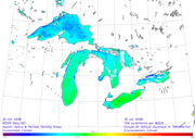 Daily composite of MODIS Sea Surface Temperature over the Great Lakes for October 30, 2008 | Credit: Environment Canada
