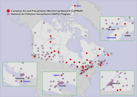 Figure 1: Map of NAPS and CAPMoN monitoring sites (See long description below)