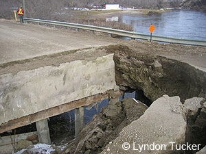 Bridge gives way on Badger Creek near Cartwright, Manitoba. April 2011. © Lyndon Tucker. 