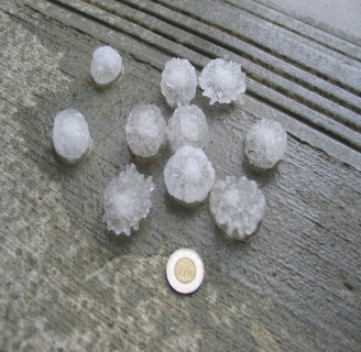 Partially melted hail stones the size of a two dollar coin.