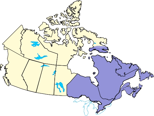 Map of Canada - highlighting the eastern provinces that were affected by Hurricane Sandy.  This includes Manitoba, Ontario, Quebec, New Brunswick, Newfoundland & Labrador, Nova Scotia and Prince Edward Island the southern tip of Baffin Island.