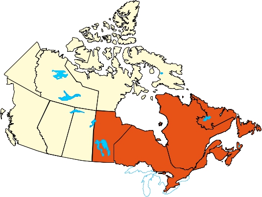 Map of Canada, highlighting the eastern provinces. This includes Manitoba, Ontario, Quebec, New Brunswick, Newfoundland & Labrador, Nova Scotia and Prince Edward Island.