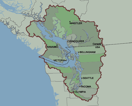 Map showing the Puget Sound Georgia Basin and the Strait of Juan de Fuca
